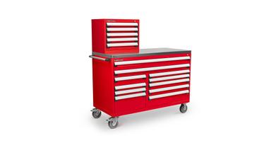 A red Tekton tool cabinet with stainless steel top and upper cabinet