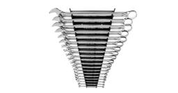 Tekton chrome-plated combination wrenches in a black rack