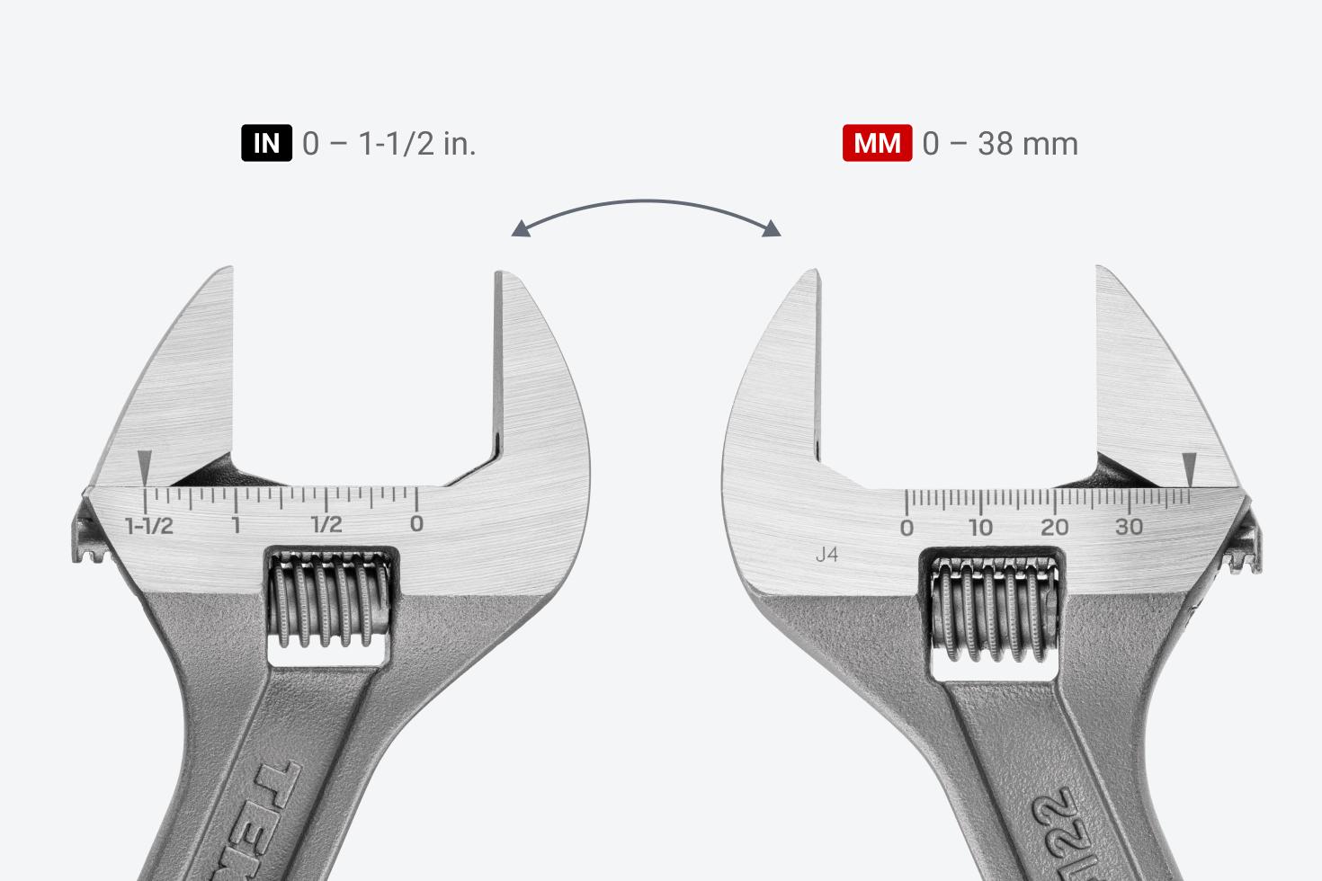 One side of the head of the adjustable wrench has laser-engraved inch markings (0 to 1-1/2 in.), the other side has laser-engraved metric markings (0 to 38 mm).