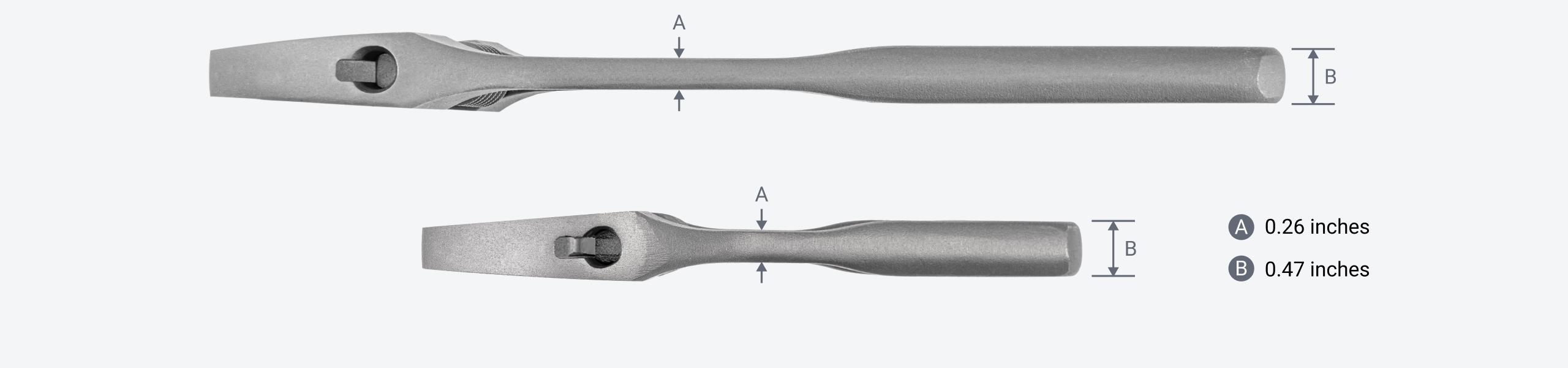 A 9 inch adjustable wrench above a 6 inch adjustable wrench. The neck of the wrenches is 0.26 inches wide, the handle is 0.47 inches wide.