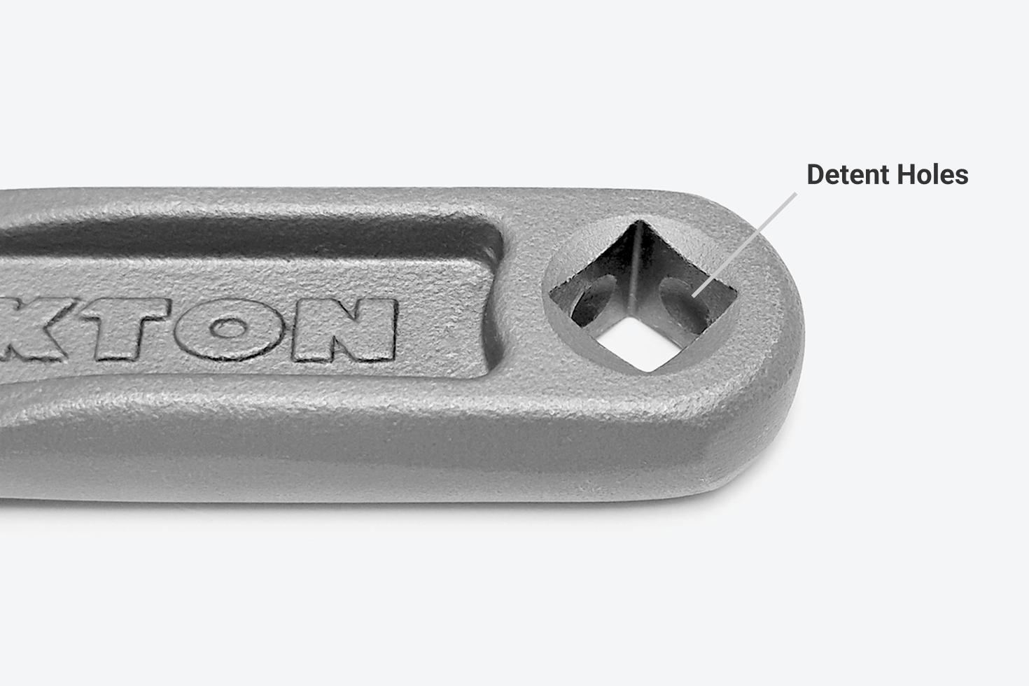 The handle has a 3/8 inch drive square with detent holes.