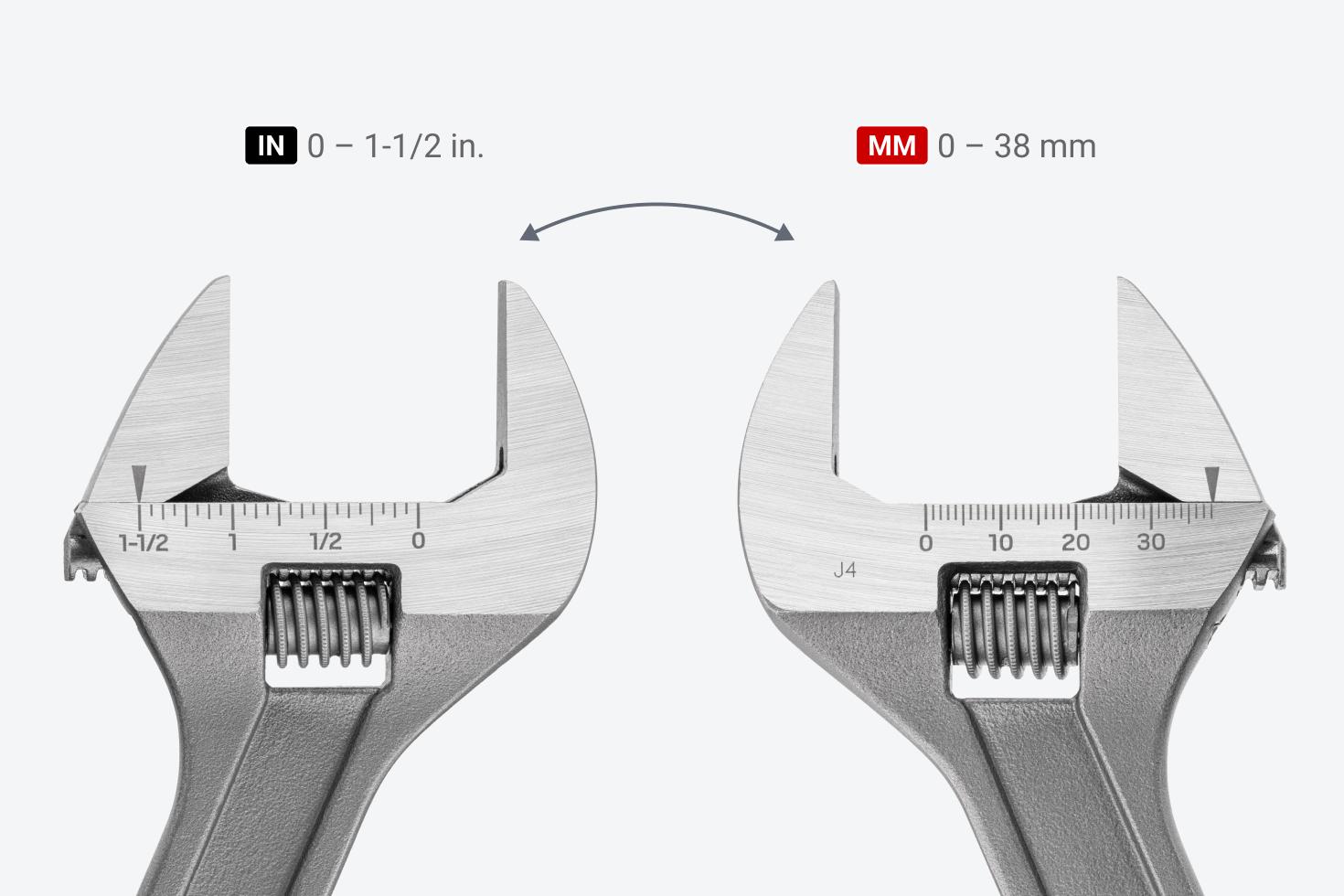 One side of the head of the adjustable wrench has laser-engraved inch markings (0 to 1-1/2 in.), the other side has laser-engraved metric markings (0 to 38 mm).