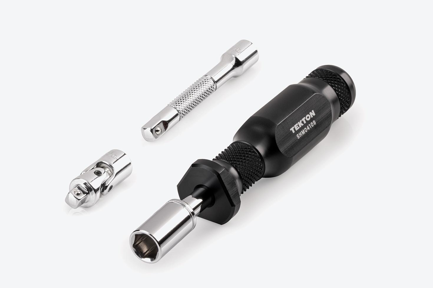 A 5 inch spinner handle connected to a socket next to an extension and a universal joint.