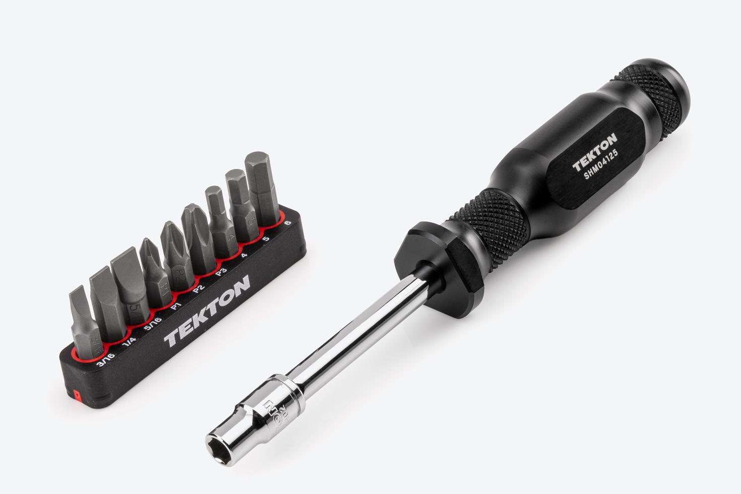 A 6.5 inch spinner handle and hex bit holder next to a rail of 1/4 inch slotted, Phillips, and hex bits