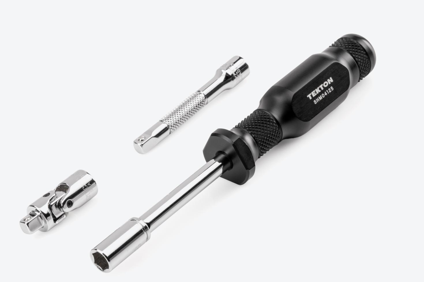 A 6.5 inch spinner handle connected to a socket next to an extension and a universal joint.