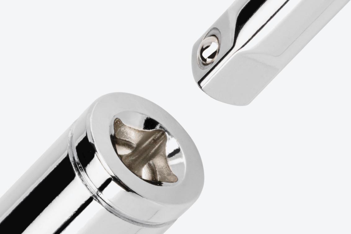 The shank of a spinner handle and the drive end of a socket.