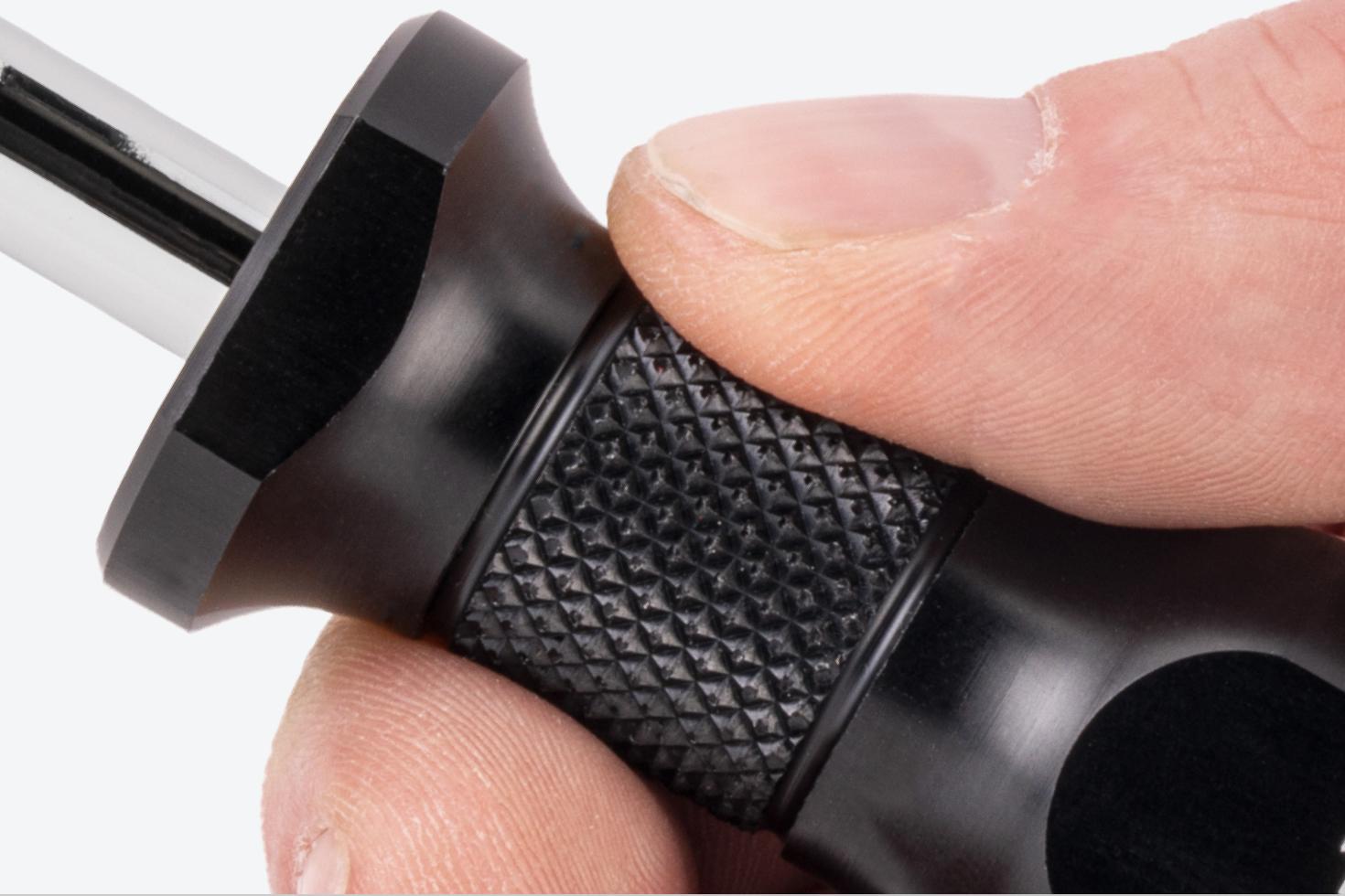Close-up view of the knurling on the handle