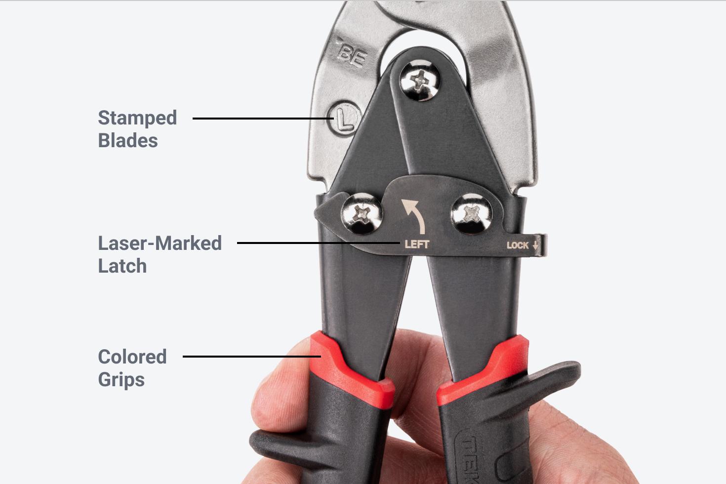 Labels pointing out the stamped blades, laser-marked latch, and colored grips on the snips