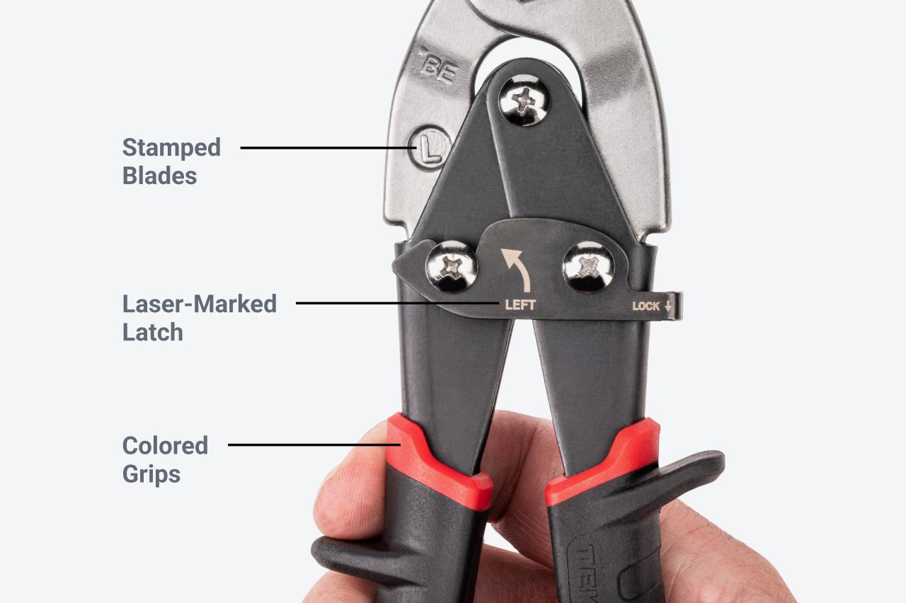 Labels pointing out the stamped blades, laser-marked latch, and colored grips on the snips