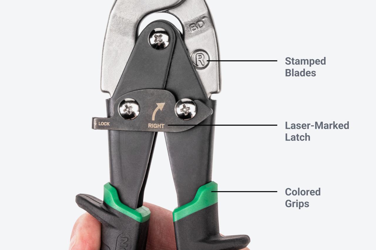 Labels pointing out the stamped blades, laser-marked latch, and colored grips on the snips
