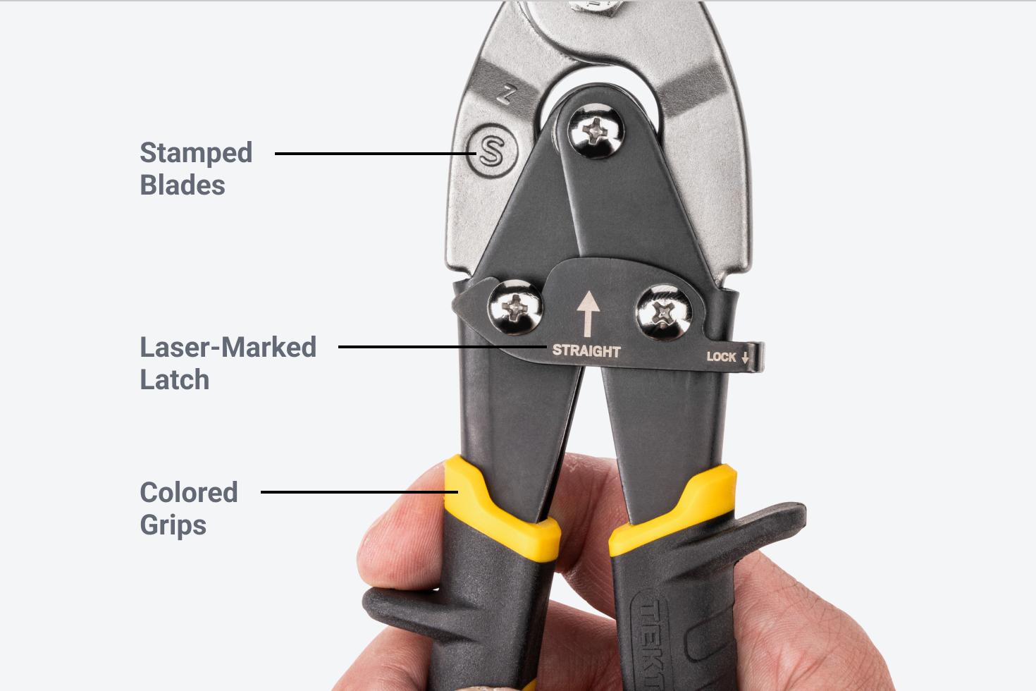 Labels pointing out the stamped blades, laser-marked latch, and colored grips on the snips
