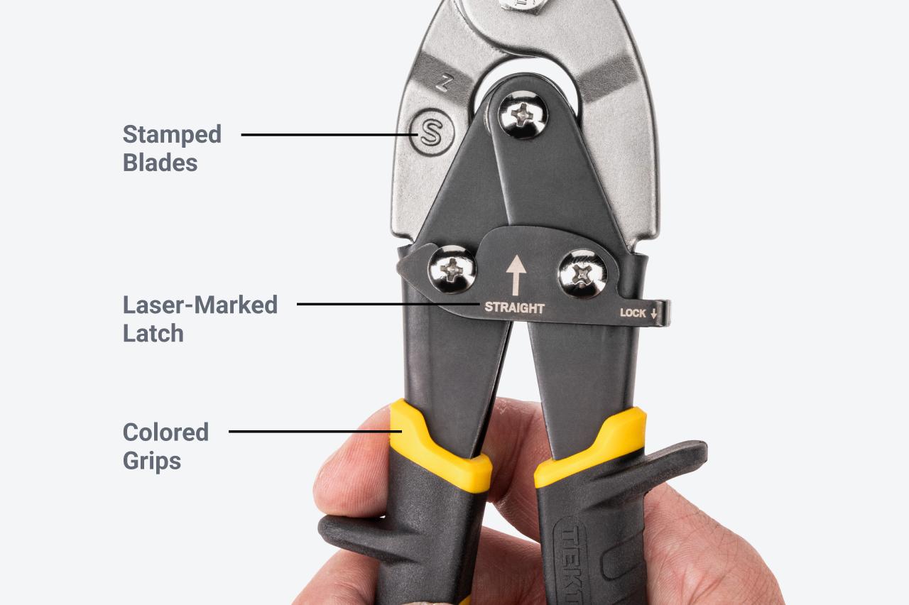 Labels pointing out the stamped blades, laser-marked latch, and colored grips on the snips