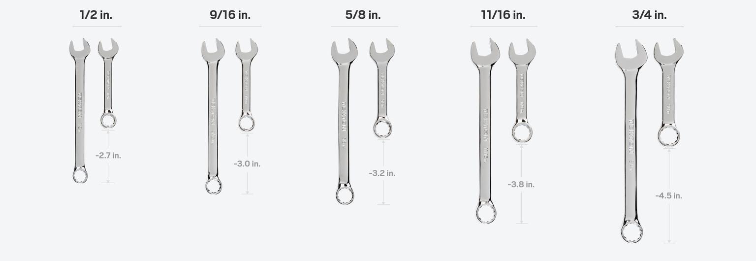 Comparing the longer handle length of Tekton full-size combination wrenches to the shorter handle length of stubby combination wrenches