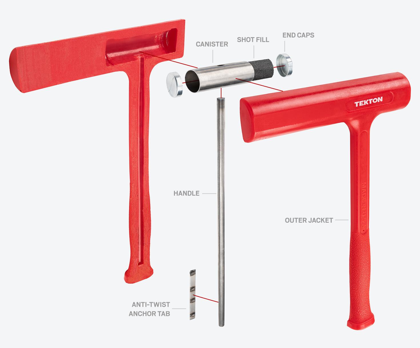 The inner handle connects the bottom anti-twist anchor tab to the top canister, with shot fill and steel end caps, all wrapped in a red jacket.