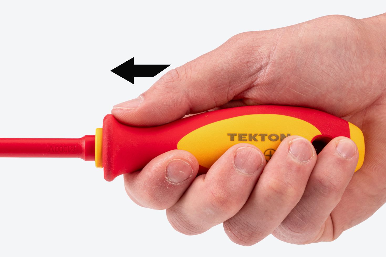 A hand holding a Tekton P2 insulated screwdriver #DVP00302