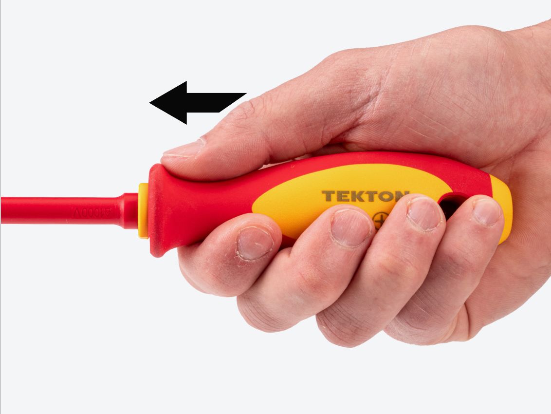 A hand holding a Tekton P2 insulated screwdriver #DVP00302