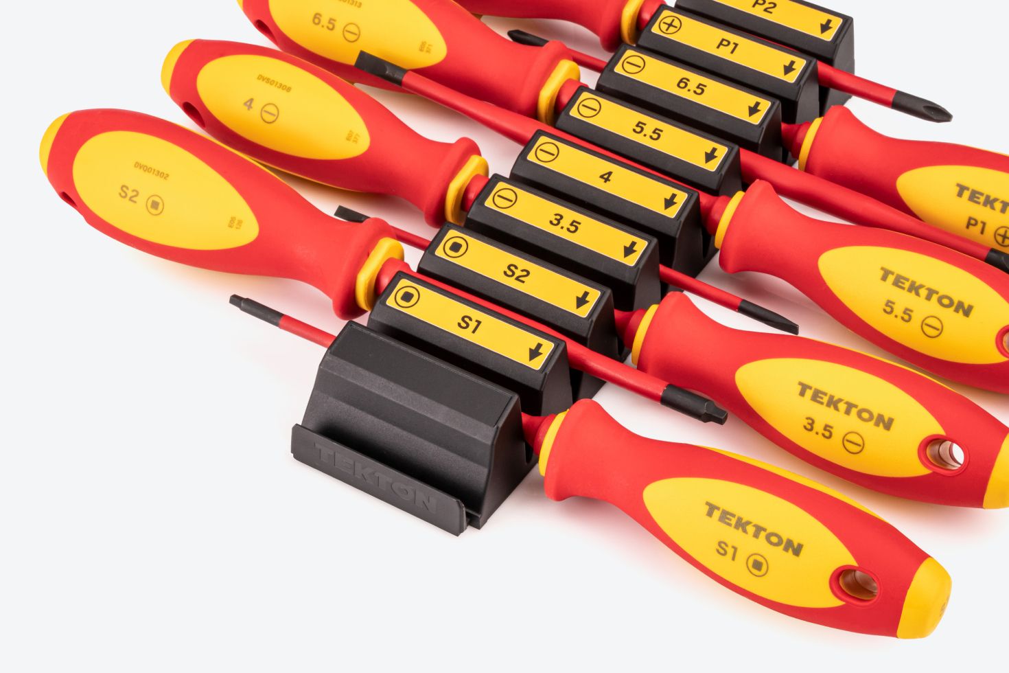 Phillips, slotted, and square insulated screwdrivers in black modular driver organizers.