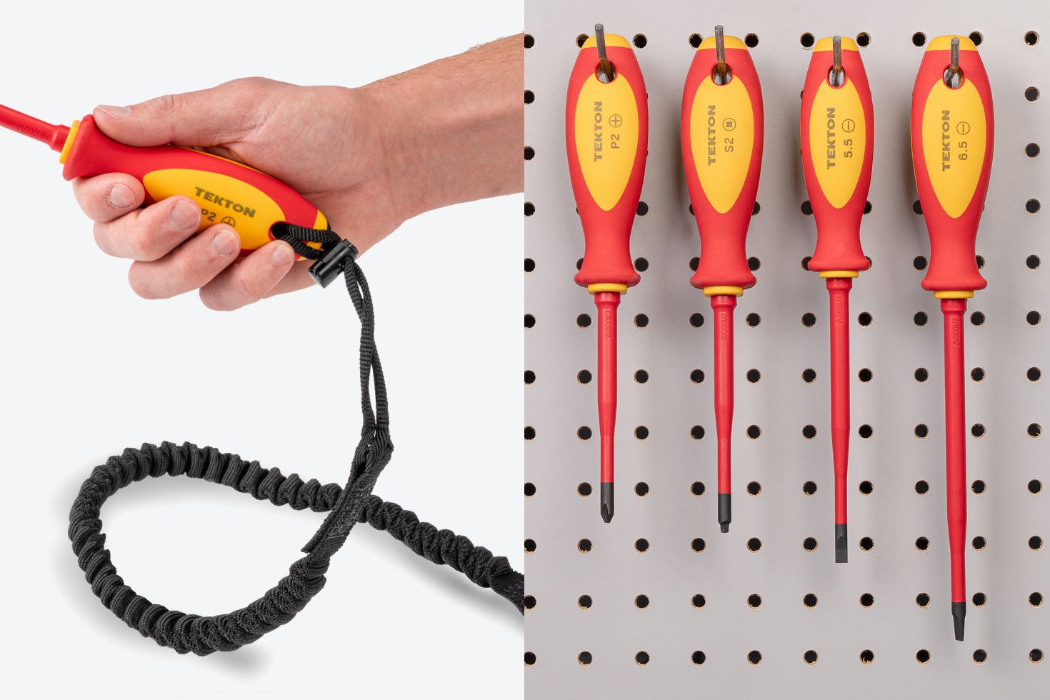 Phillips drivers on hooks on a pegboard and a P2 driver with a safety lanyard.