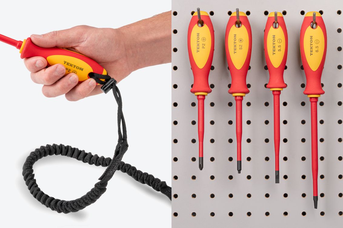 Phillips drivers on hooks on a pegboard and a P2 driver with a safety lanyard.