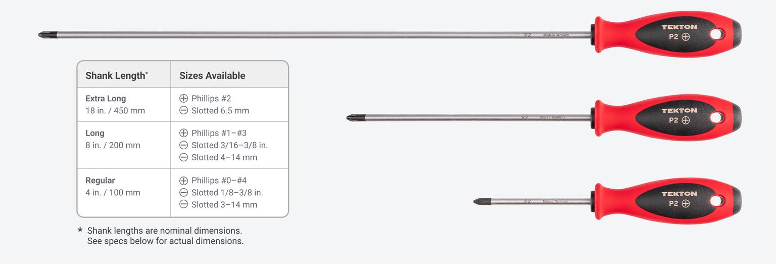 18 in. shanks are available on #2 Phillips and 6.5 mm slotted drivers. 8 inch shanks available on #1-#3 Phillips, 3/16-3/8 in. slotted, and 4-14 mm slotted. 4 inch shanks available on #0-#4 Phillips, 1/8-3/8 in. slotted, and 3-14 mm slotted.