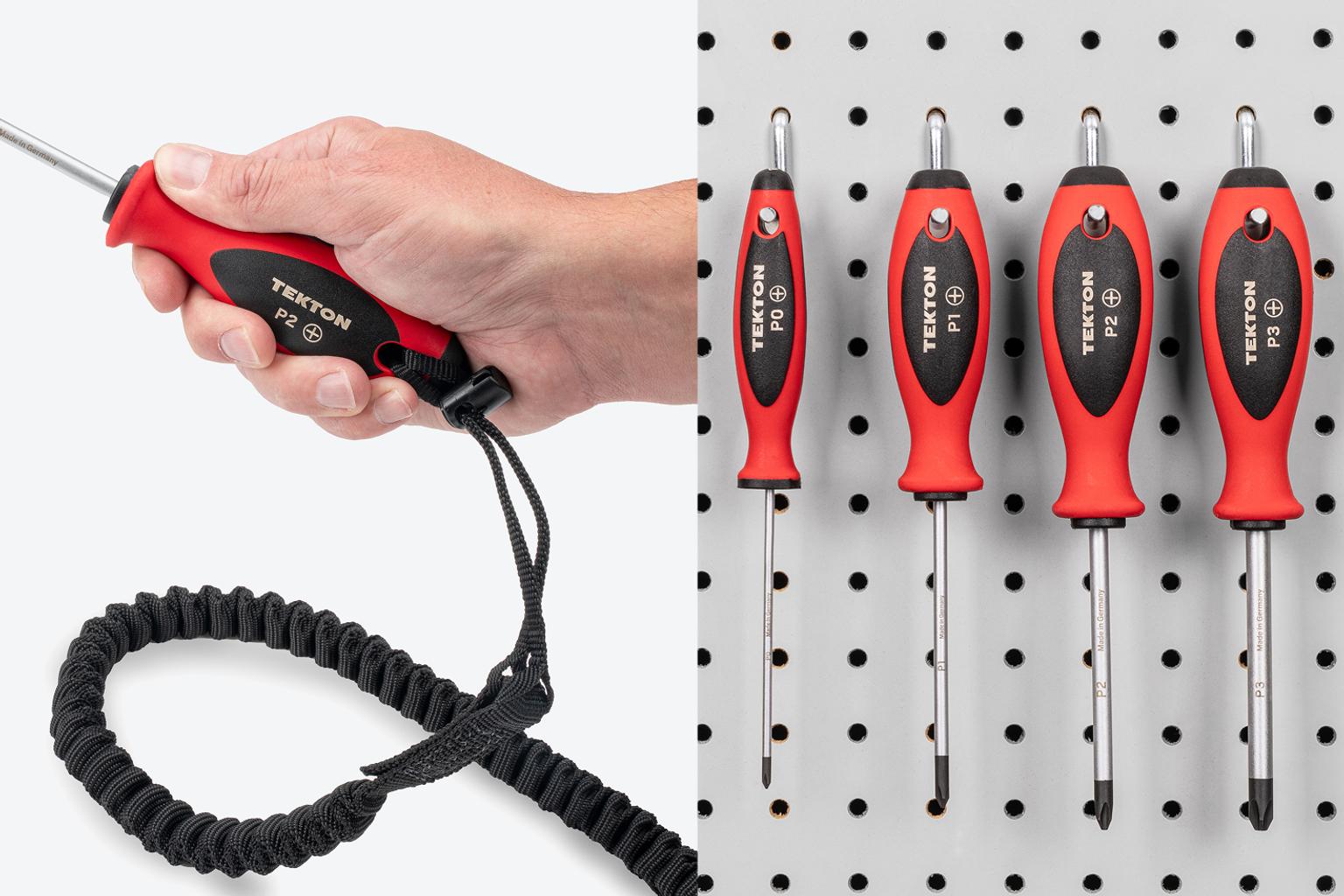 Phillips drivers on hooks on a pegboard and a P2 driver with a safety lanyard.