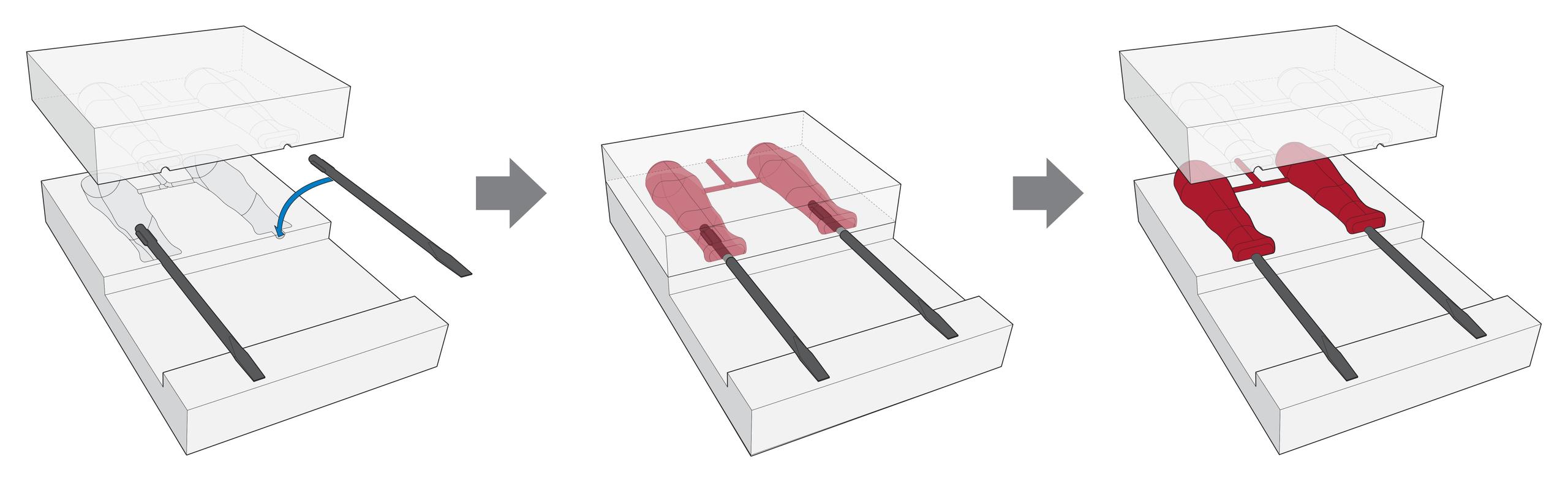 An illustration of the Tekton driver mold with blades inserted, filled with plastic, then, opened to reveal the assembled drivers. 