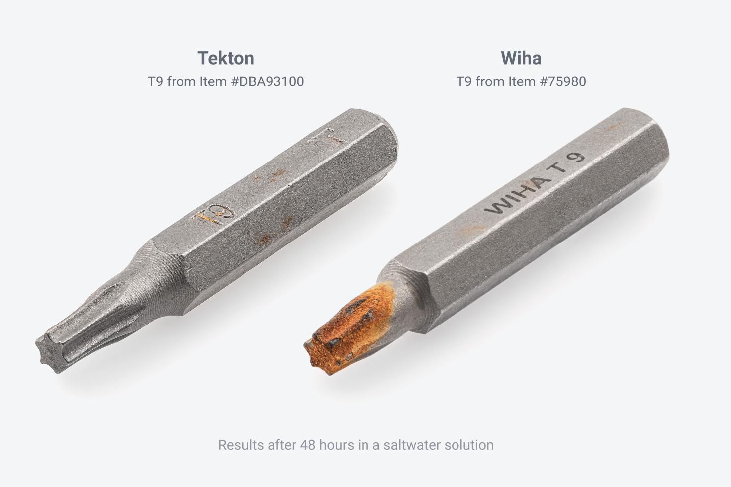 Comparison between Tekton bit and Wiha bit after 48 hours in a saltwater solution. The Wiha bit has more corrosion.