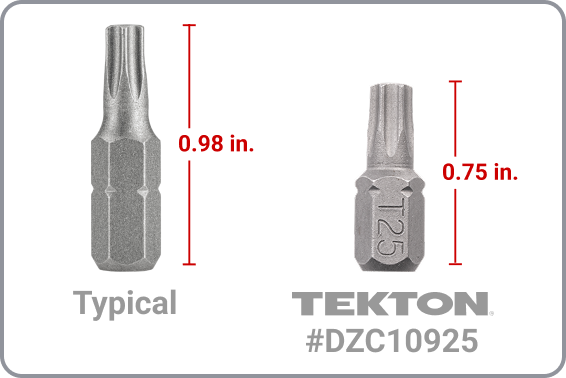 A typical bit is 0.98 inches tall, Tekton bit #DZC10925 is 0.75 inches tall
