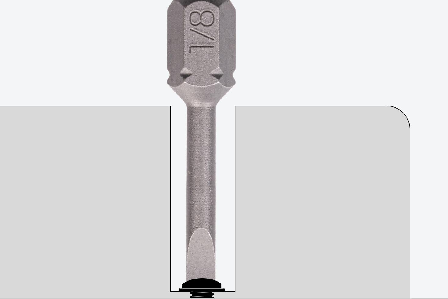 A graphic showing a slotted bit turning a recessed slotted screw.