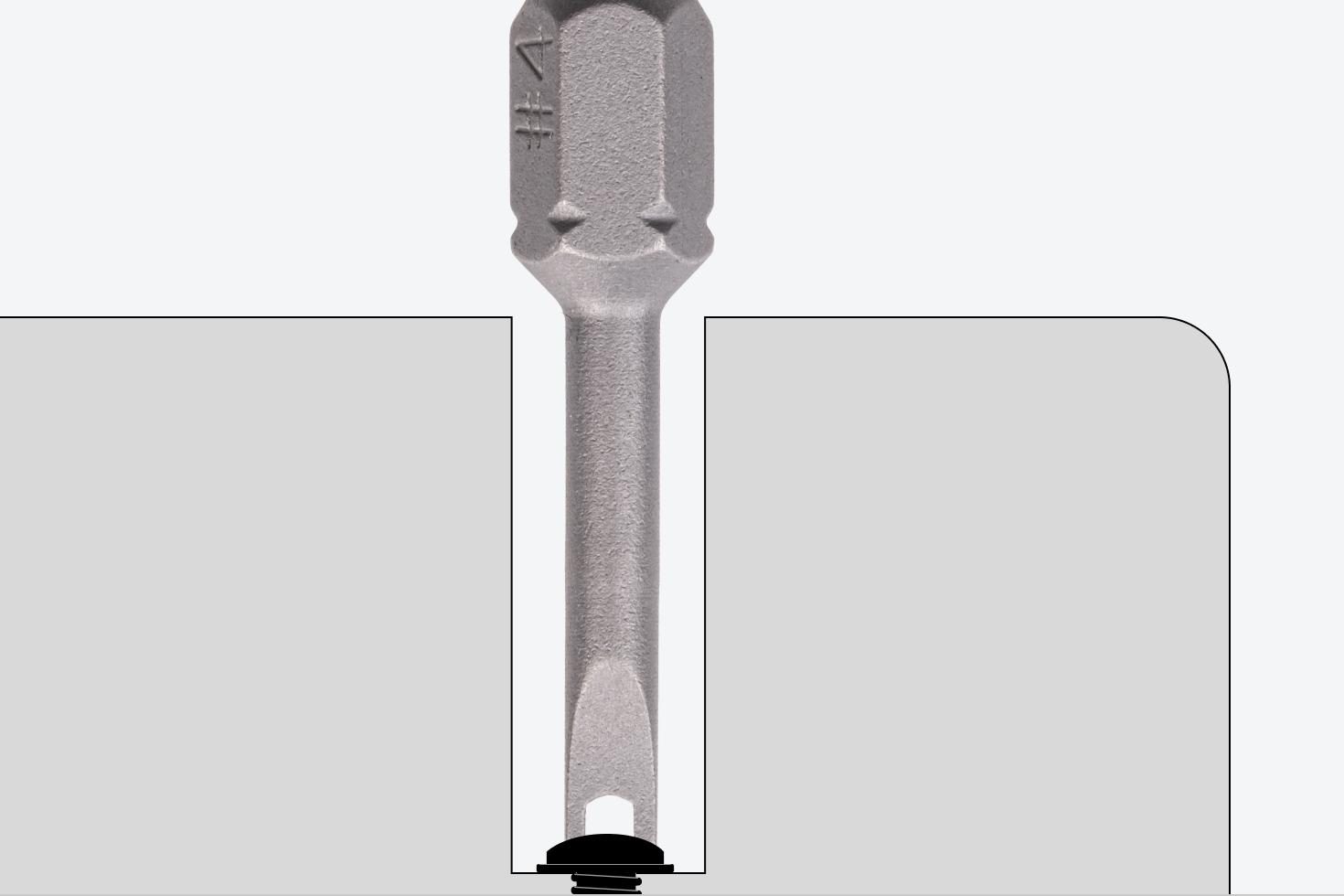 A graphic showing a #4 spanner bit turning a recessed slotted screw.