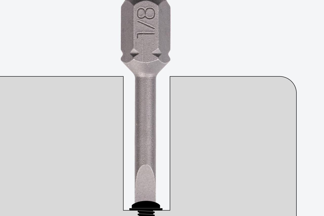 A graphic showing a slotted bit turning a recessed slotted screw.