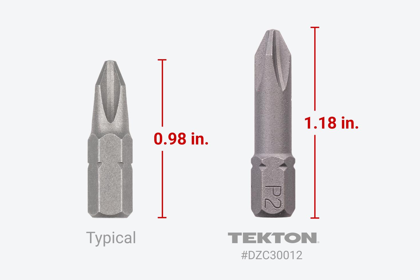 A typical 0.98 inch Phillips bit next to a Tekton 1.18 inch Phillips bit #DZC30012