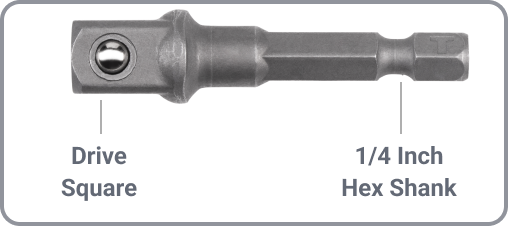 An adapter with the drive square and 1/4 inch hex shank labeled.