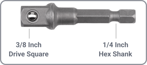 An adapter with the 3/8 inch drive square and 1/4 inch hex shank labeled.