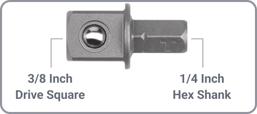 An adapter with the 3/8 inch drive square and 1/4 inch hex shank labeled.