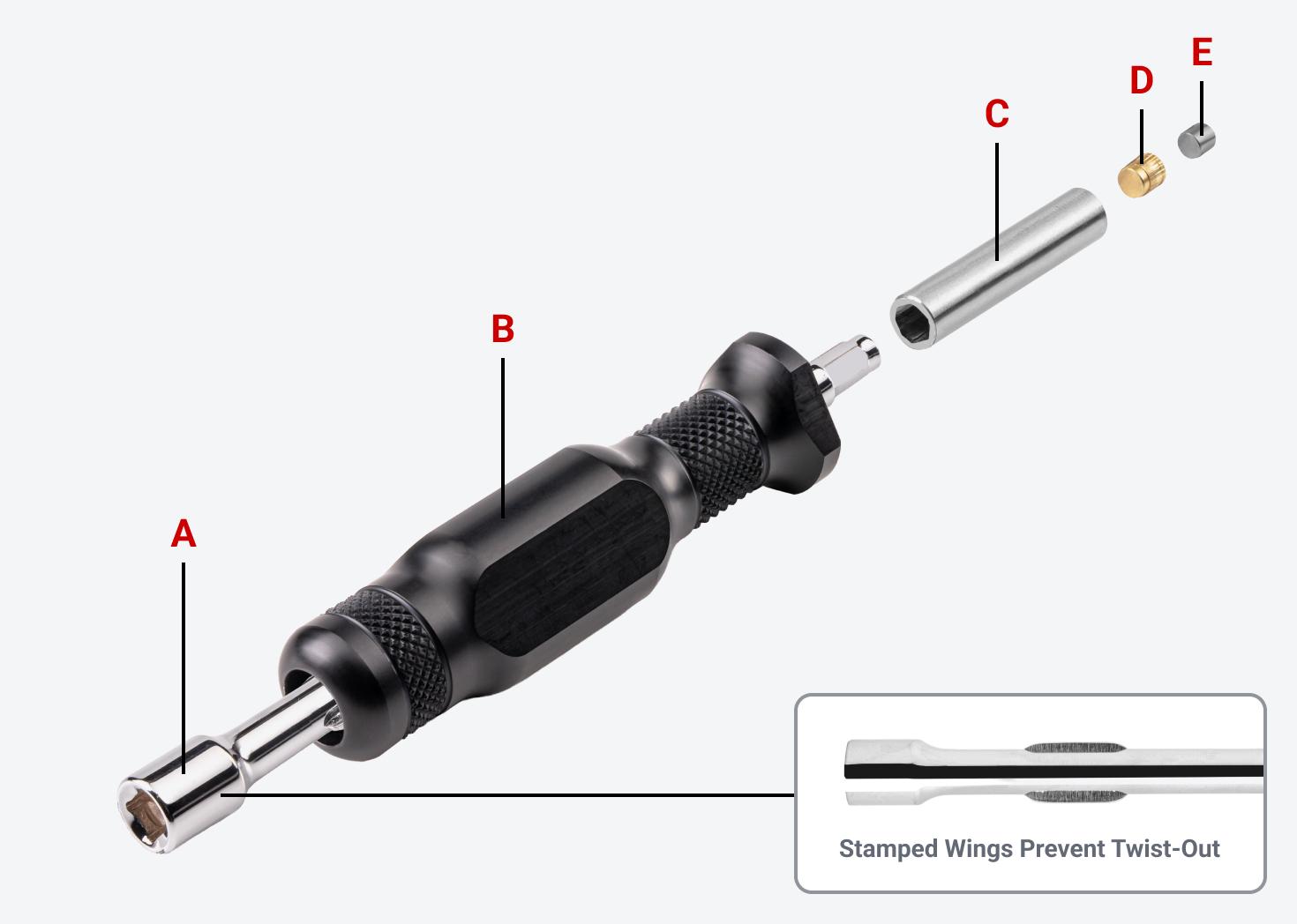 Exploded view of the bit driver with each part labeled