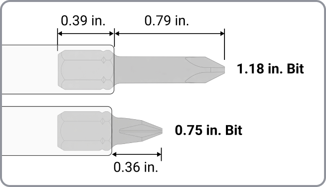 A 1.18 inch bit extends 0.79 inches beyond the driver, and a 0.75 inch bit extends 0.36 inches beyond the driver.