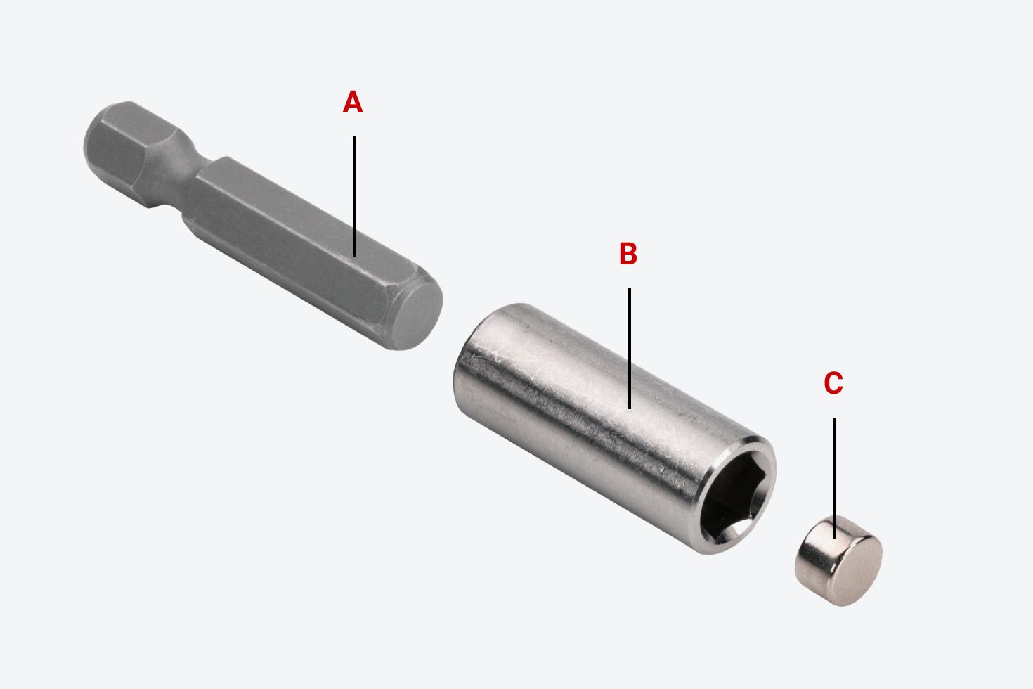 The bit holder extension with each part labeled