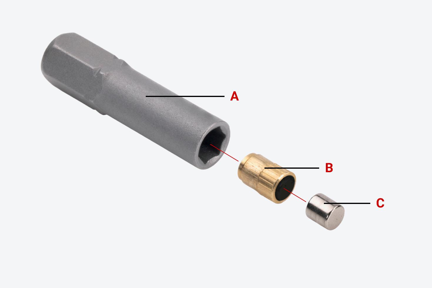 Exploded view of the bit holder with each part labeled