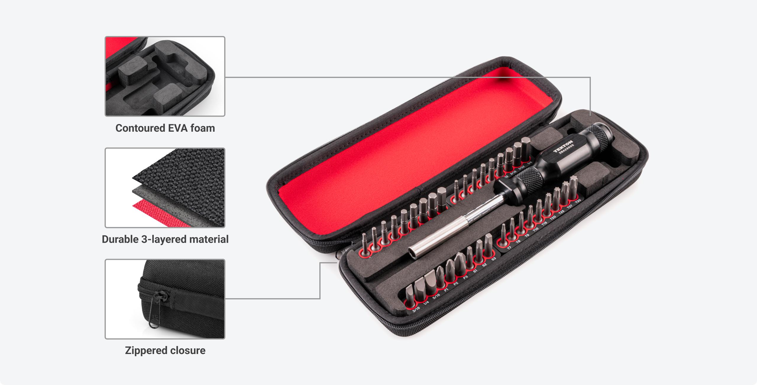 The case has contoured EVA foam, durable 3-layer material, and zippered closure