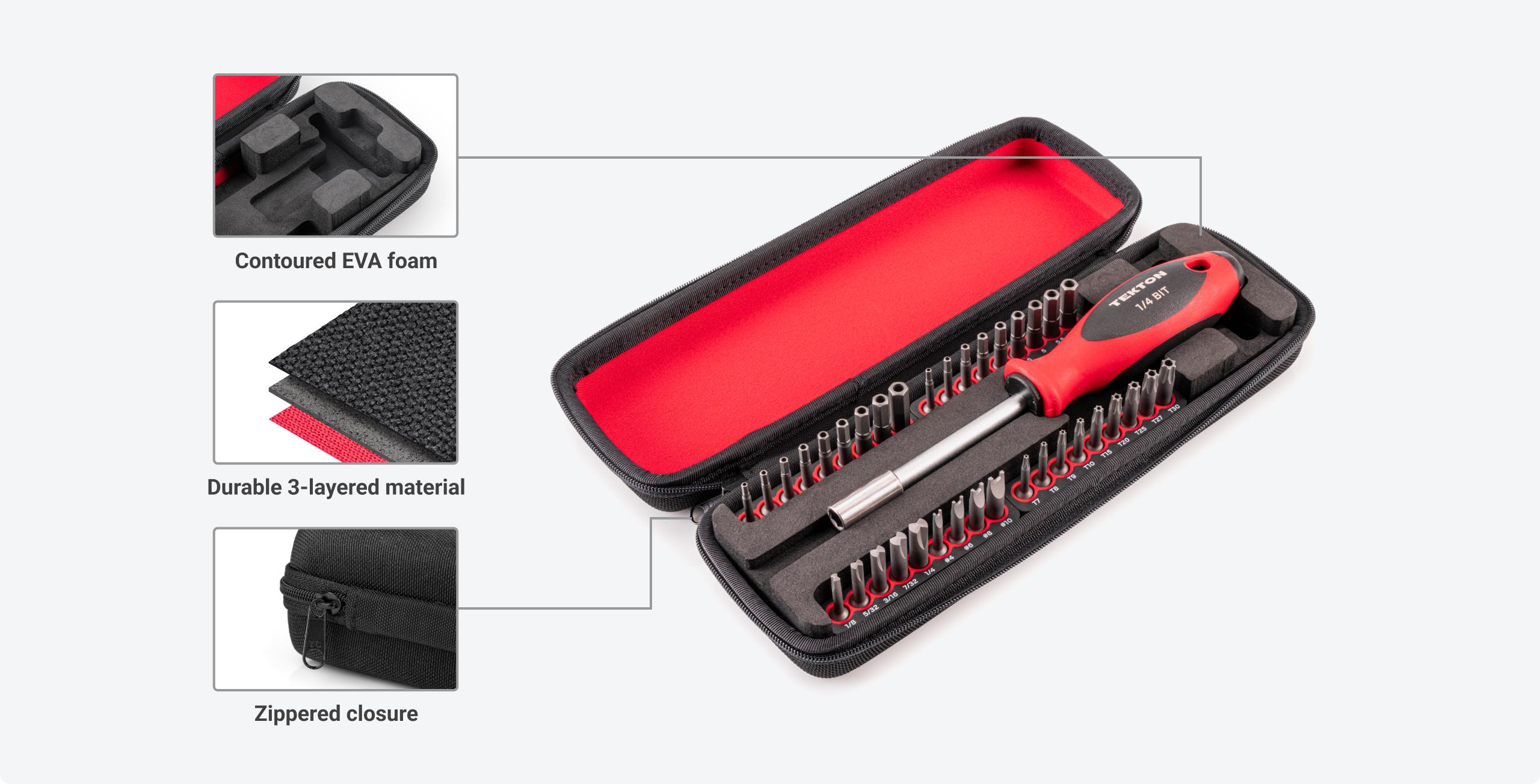 The case has contoured EVA foam, durable 3-layer material, and zippered closure