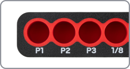 Sizes are printed on the rails for easy identification