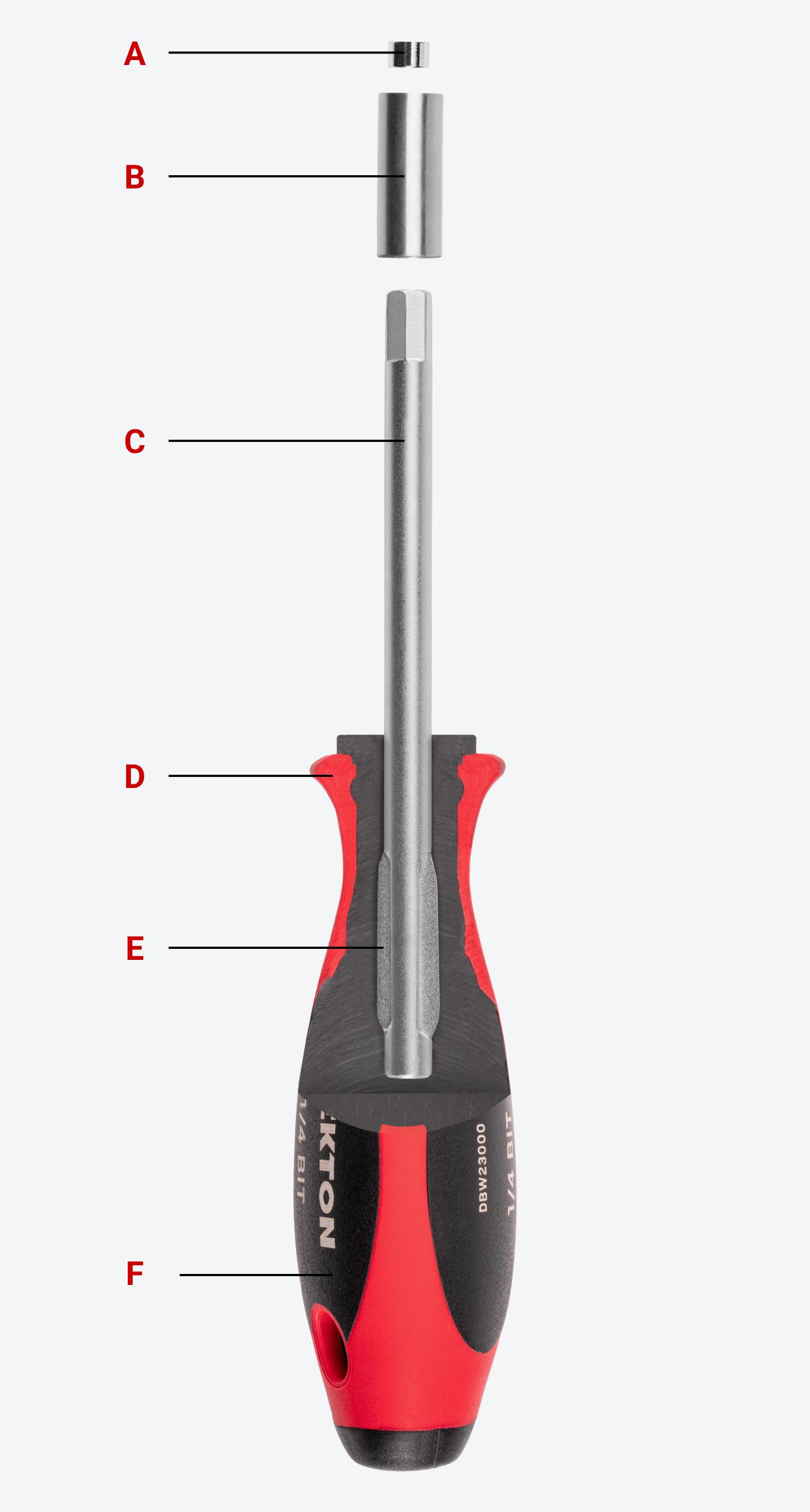 A Tekton bit driver with each part labeled
