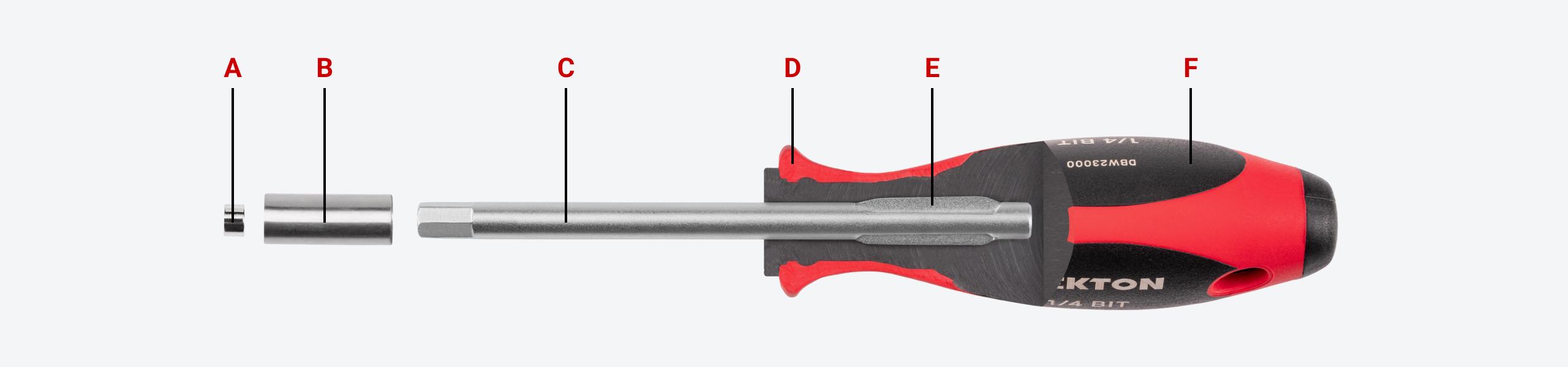 A Tekton bit driver with each part labeled