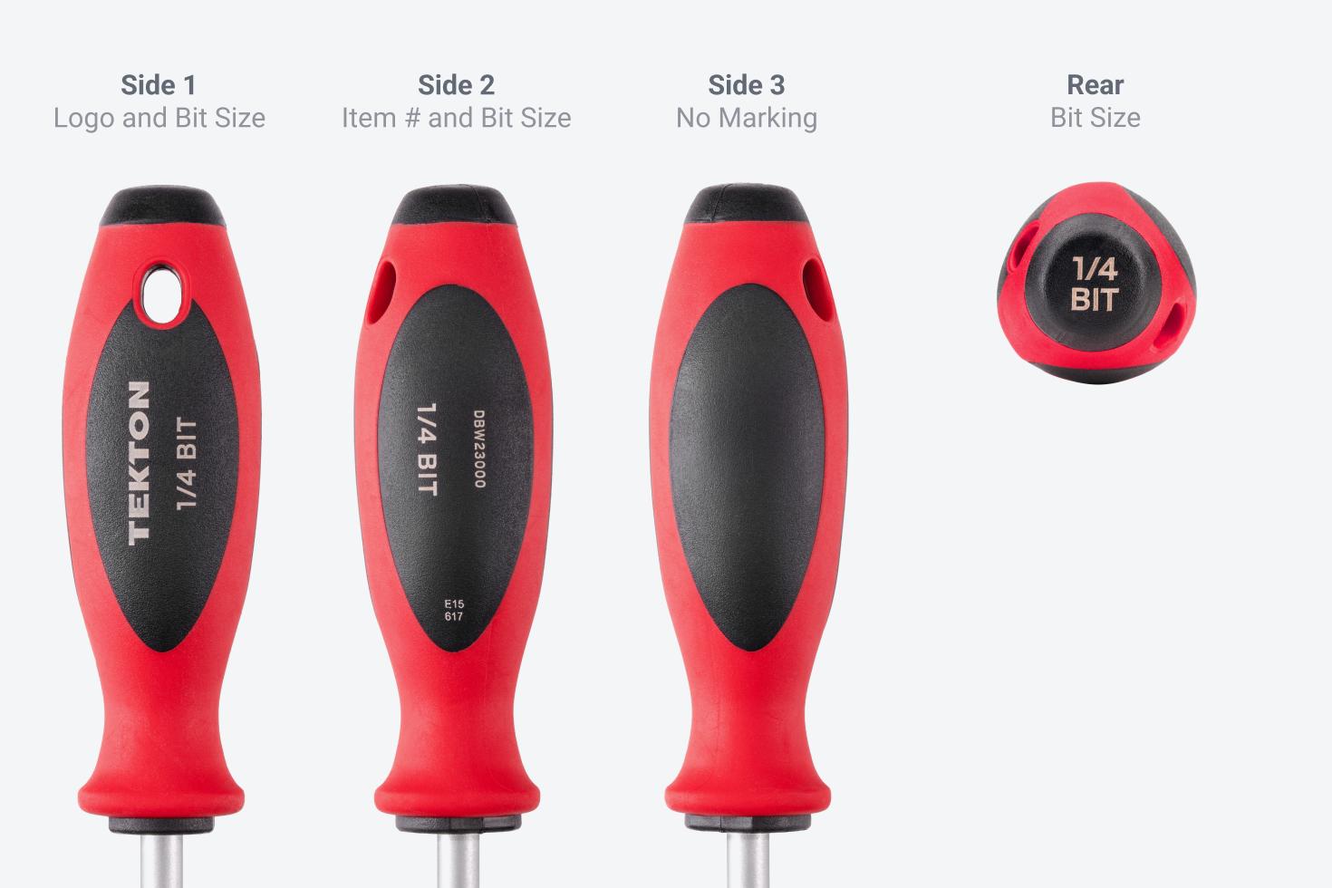 Side 1 has the logo and bit size, side 2 has the item number and bit size, and the rear has the bit size