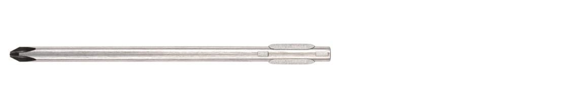 Steel cut into the shape of a driver blade, darkened towards the Phillips head on one end, with flat, protruding wings on the other.