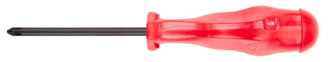 A blade with a red, tri-lobe polypropylene handle attached.