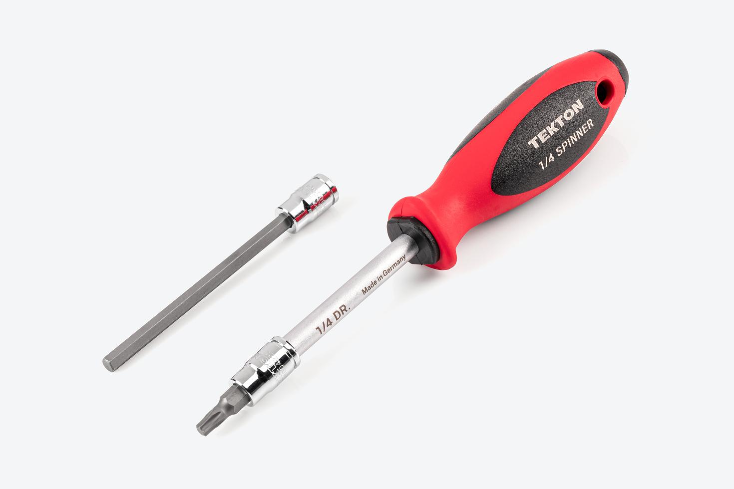 A spinner handle connected to a star bit socket next to a long hex bit socket
