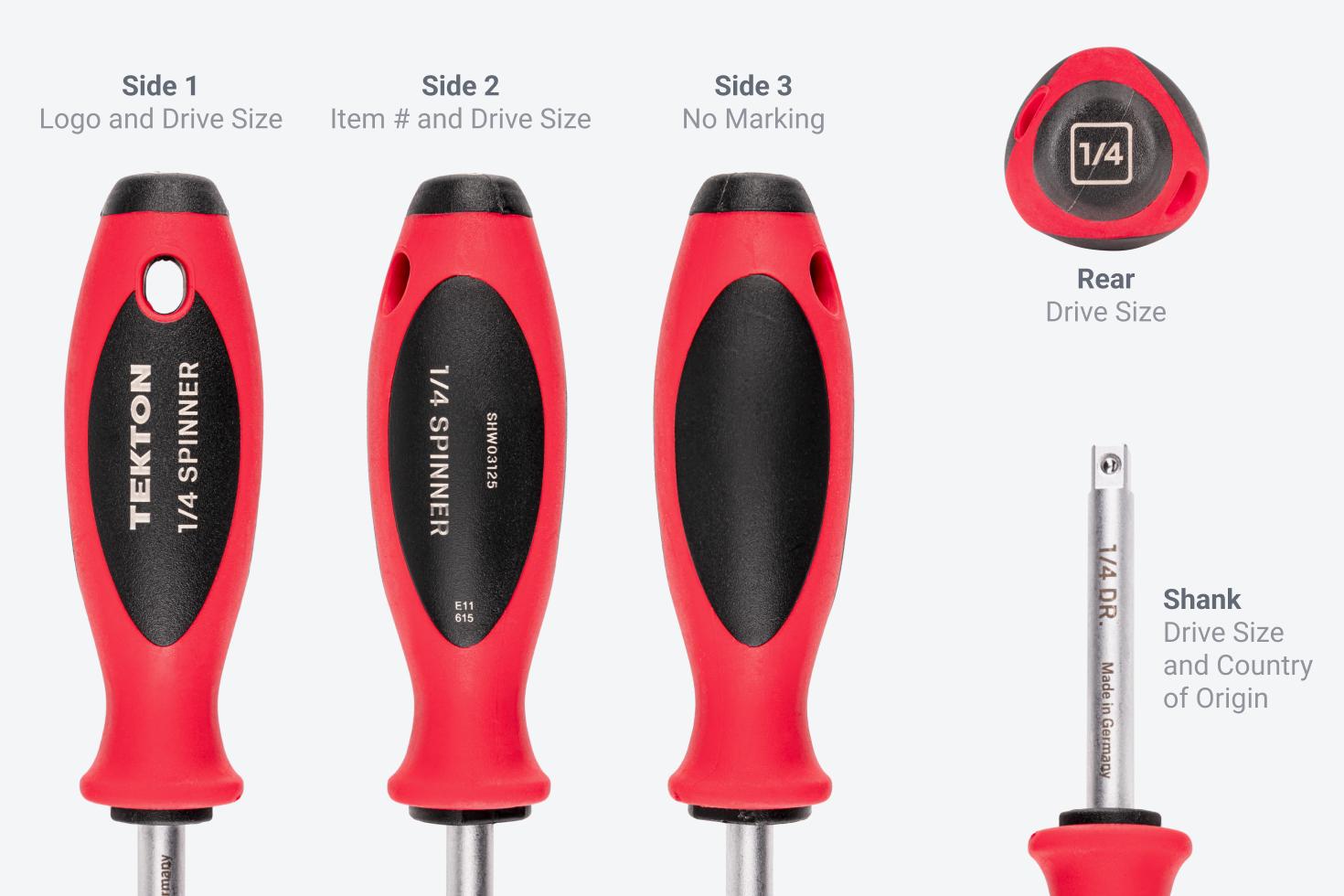 Side 1 has the logo and drive size, side 2 has the item number and drive size, the shank has drive size and country of origin, and the rear has the drive size
