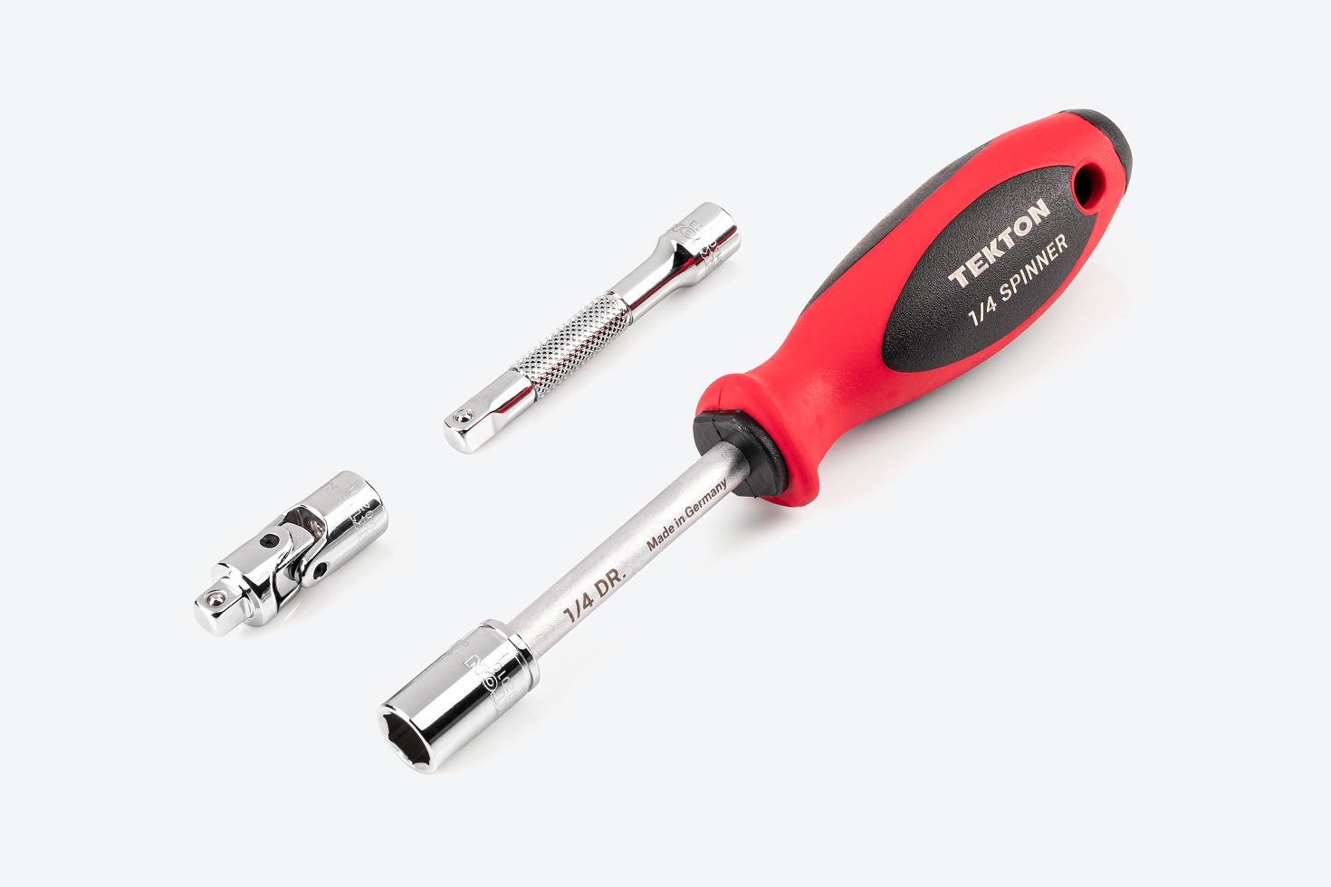 A spinner handle connected to a socket next to an extension and a universal joint.
